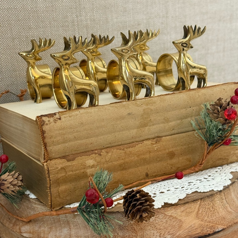 Vintage Brass Reindeer Napkin Rings Set of 6 Lacquered Brass Holiday Table Decor